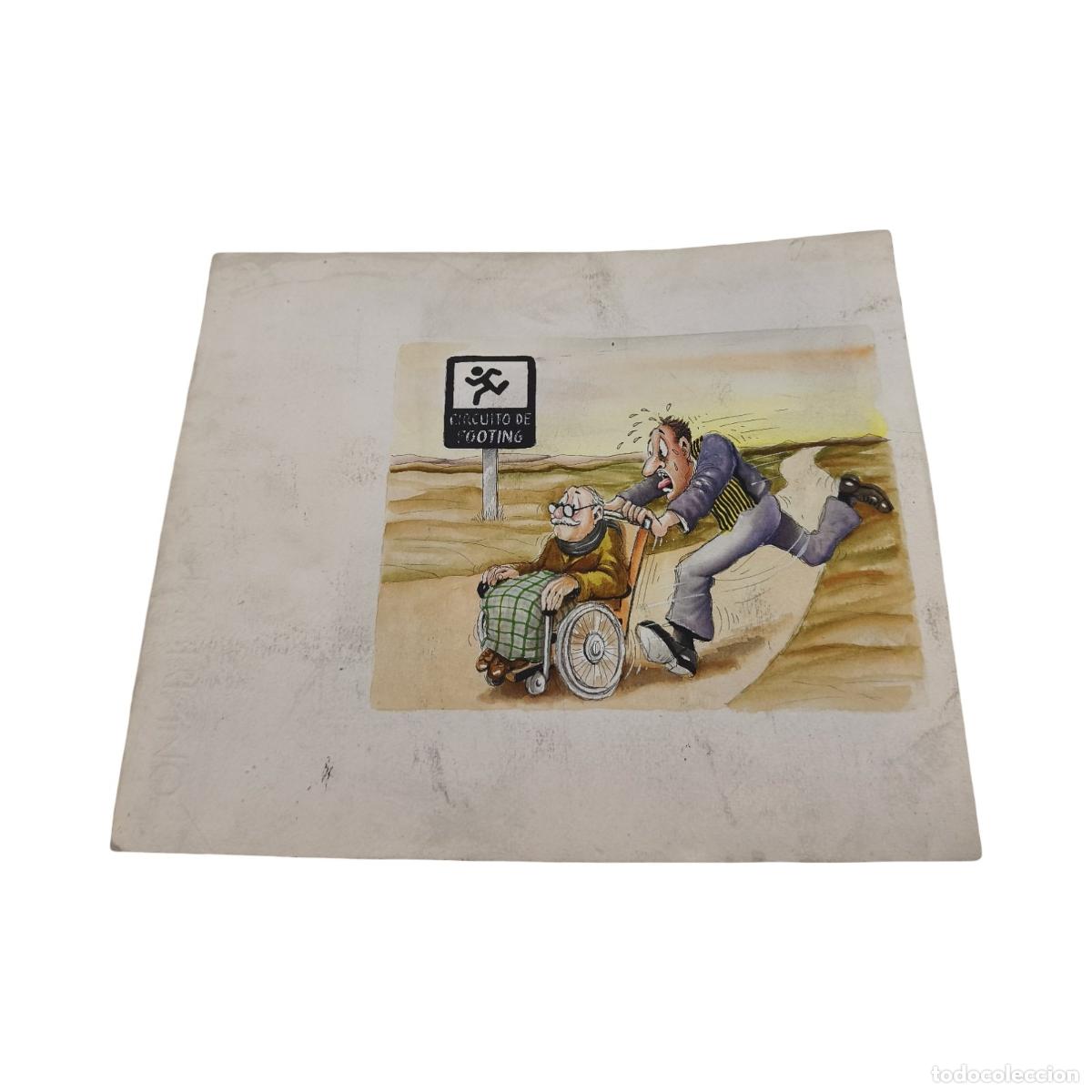 Arte: CARICATURA HUMOR&Iacute;STICA ORIGINAL SIN FIRMA - ESCENA DE DEPORTE Y SALUD (CIRCUITO DE FOOTING / SILLA D