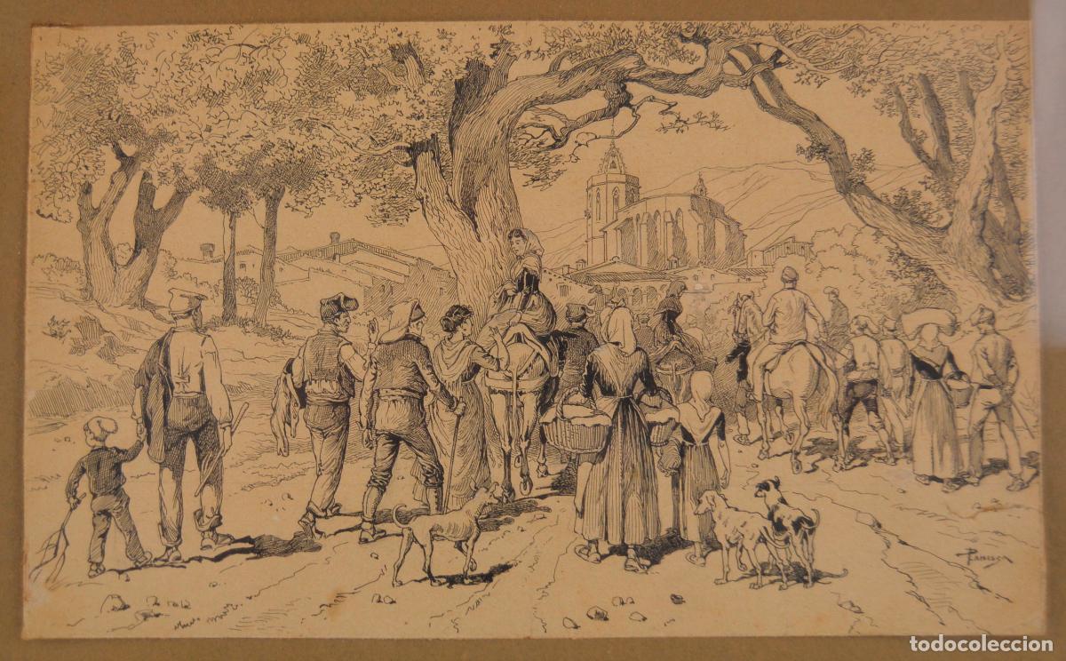 Arte: Jaume Pahissa Laporta, escena con campesinos, dibujo a tinta sobre papel, firmado, con marco.
