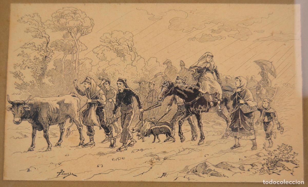 Arte: Jaume Pahissa Laporta, campesinos y animales, dibujo a tinta sobre papel, firmado, con marco.