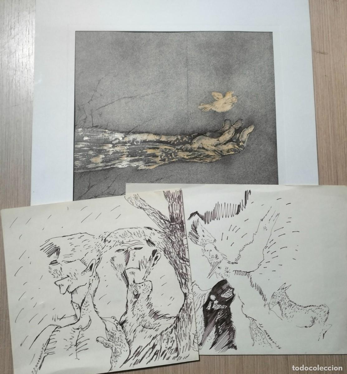 Arte: JUAN JOS&Eacute; NARB&Oacute;N. 3 DIBUJOS ORIGINALES FIRMADOS Y DEDICADOS. CACERES,EXTREMADURA,MUSEO EN MALPARTIDA