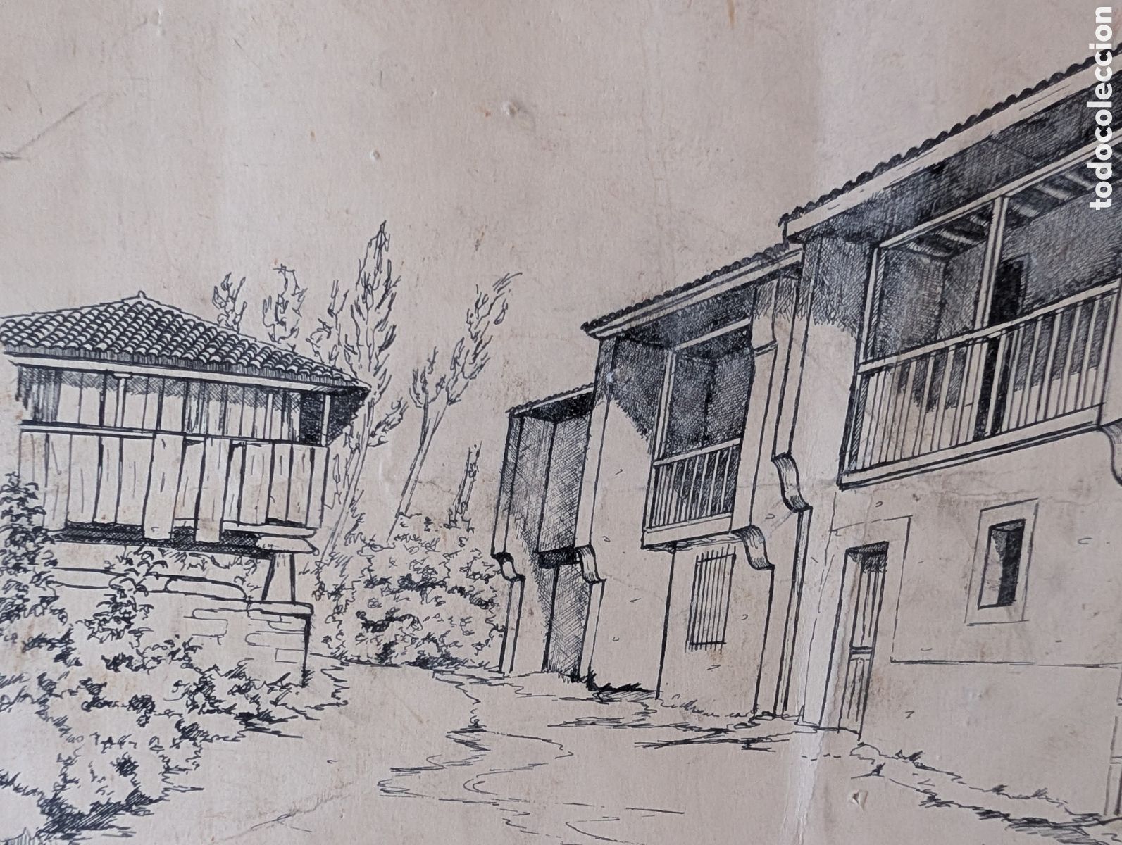 Arte: Dibujo Original a la Plumilla / Tinta - Rinc&oacute;n T&iacute;pico (Asturias) con H&oacute;rreo - Firmado Ib&aacute;&ntilde;ez