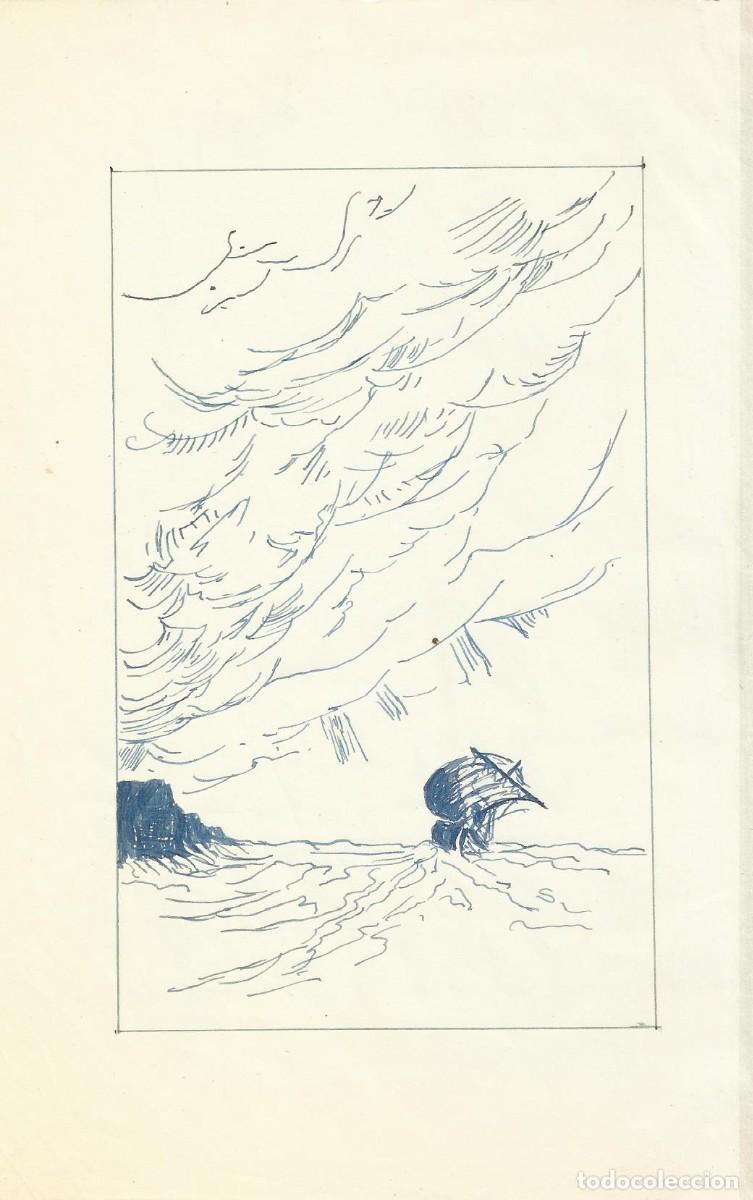 Arte: Hendrik Van Loon. Dibujo tinta sobre papel. Sin firmar. 21,5x14 cm. &rdquo;Barco, mar y nubes&rdquo;.