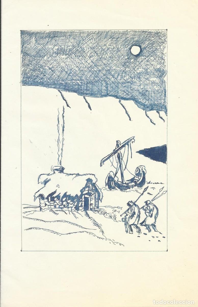Arte: Hendrik Van Loon. Dibujo tinta sobre papel. Sin firmar. 21,5x14 cm. &rdquo;Barco, caba&ntilde;a y nativos&rdquo;.