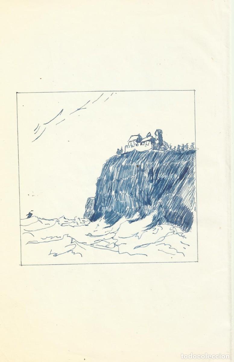 Arte: Hendrik Van Loon. Dibujo tinta sobre papel. Sin firmar. 21,5x14 cm. &rdquo;Mar, gran roca y casa&rdquo;.