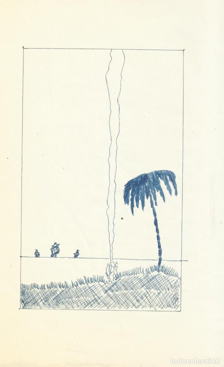 Arte: Hendrik Van Loon. Dibujo tinta sobre papel. Sin firmar. 21,5x14 cm. &rdquo;Palmera, isla, mar y barcos&rdquo;