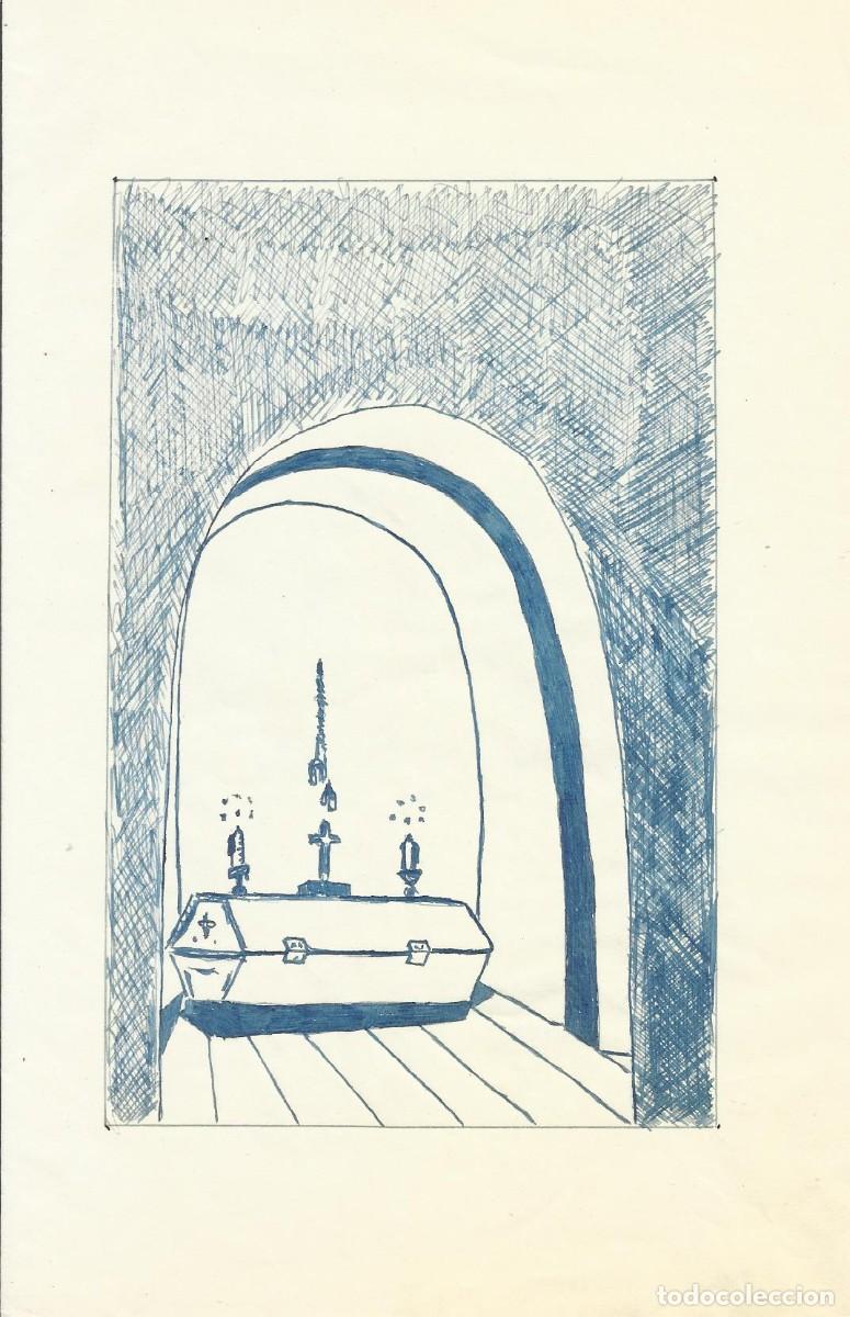 Arte: Hendrik Van Loon. Dibujo tinta sobre papel. Sin firmar. 21,5x14 cm. &rdquo;Arco, ata&uacute;d, cruz y velas &rdquo;