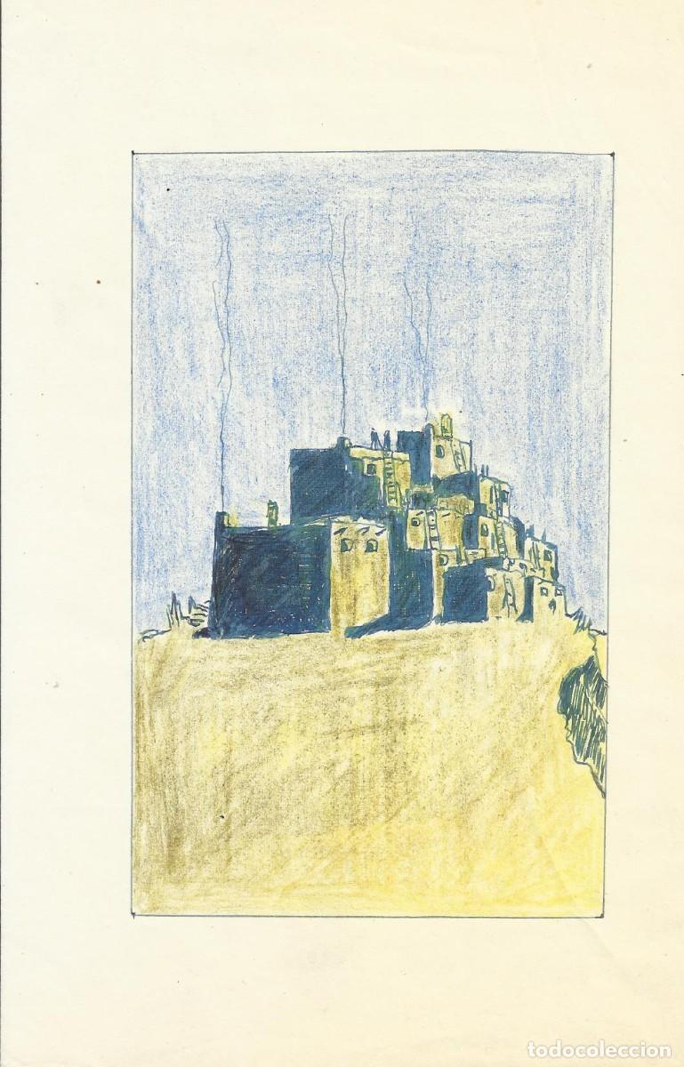 Arte: Hendrik Van Loon. Dibujo color y tinta sobre papel. Sin firmar 21,5x14 cm. &rdquo;Casas vol&uacute;menes c&uacute;bicos&rdquo;