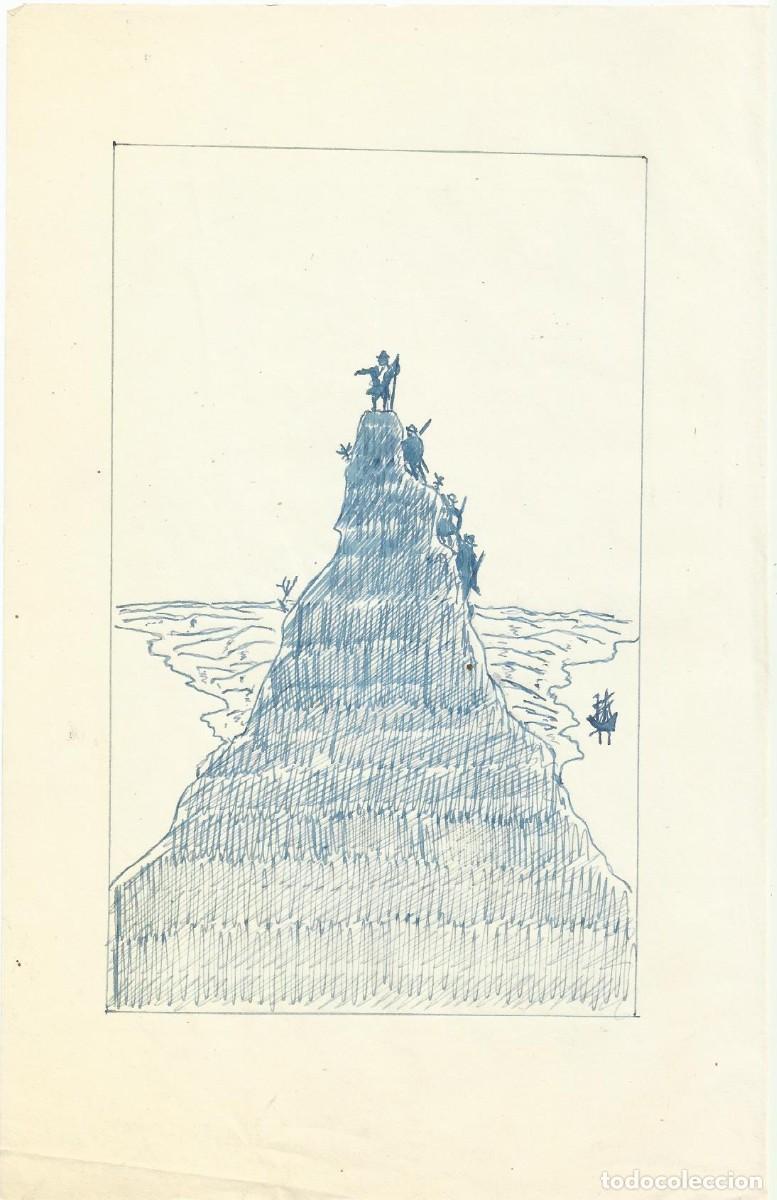 Arte: Hendrik Van Loon. Dibujo tinta sobre papel. Sin firmar 21,5x14 cm. &rdquo;Personajes subiendo la cima&rdquo;.