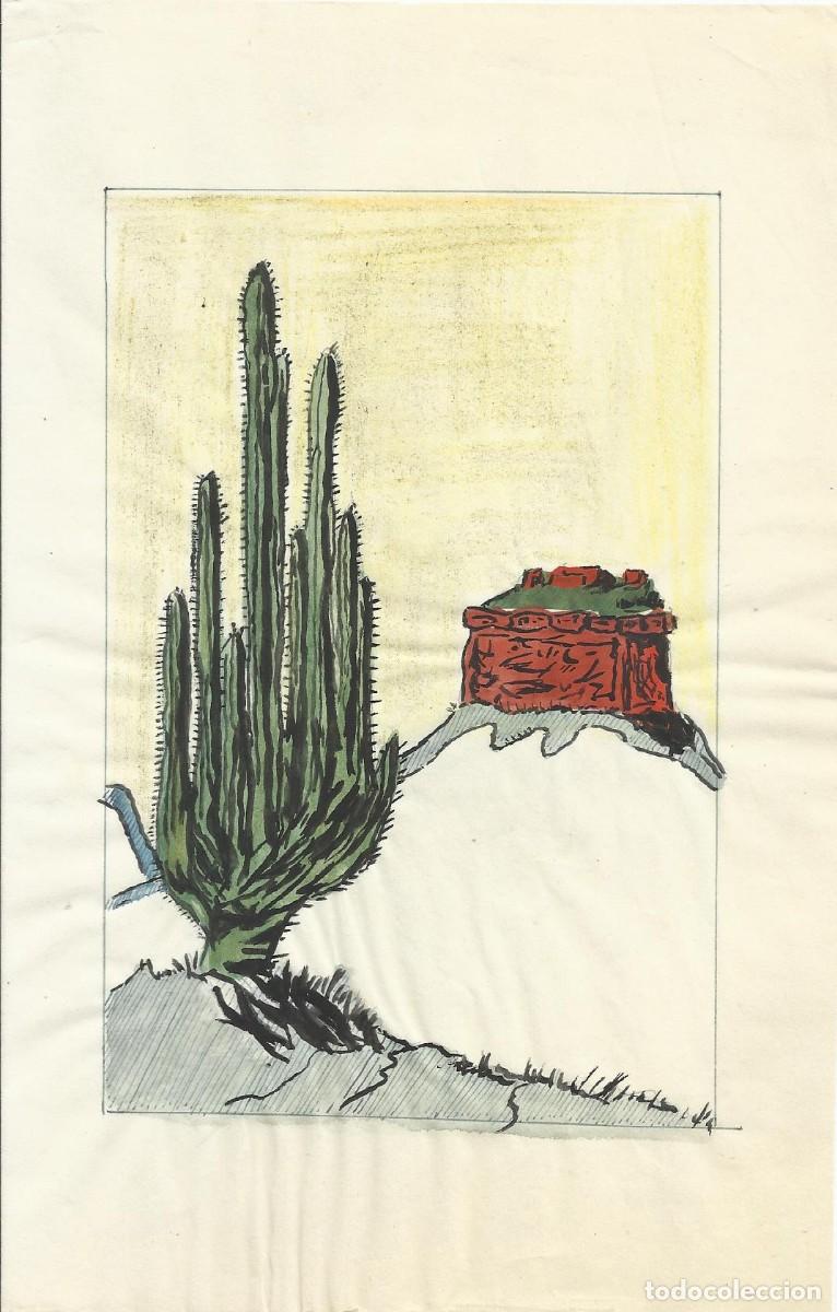 Arte: Hendrik Van Loon. Dibujo tinta y color sobre papel. Sin firmar 21,5x14 cm. &rdquo;Gran Cactus desierto&rdquo;.
