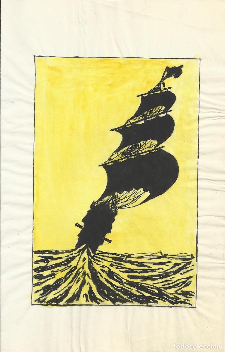 Arte: Hendrik Van Loon. Dibujo tinta y color sobre papel. Sin firmar 21,5x14 cm. &rdquo;Velero con tres velas&rdquo;.