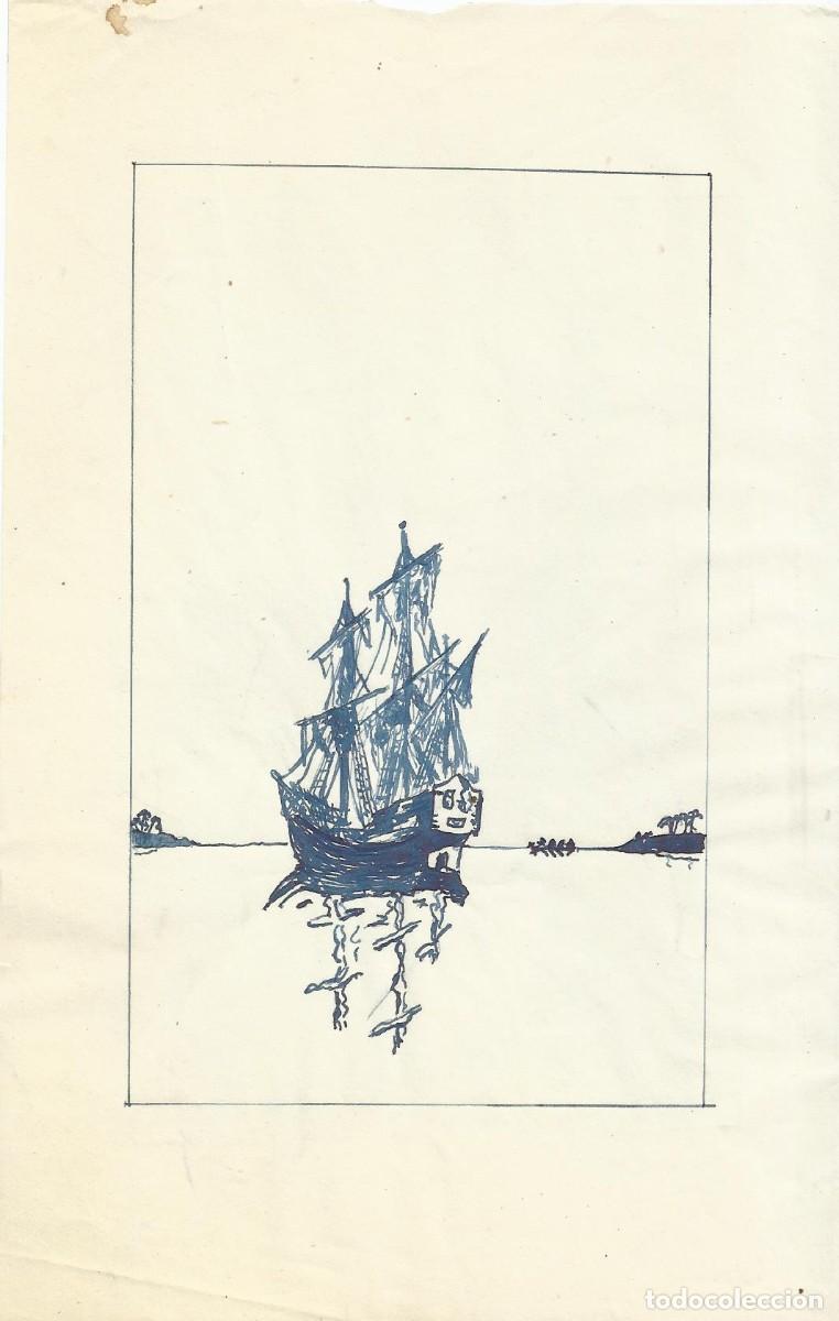 Arte: Hendrik Van Loon. Dibujo tinta sobre papel. Sin firmar 21,5x14 cm. &rdquo;Velero en el mar en calma&rdquo;.