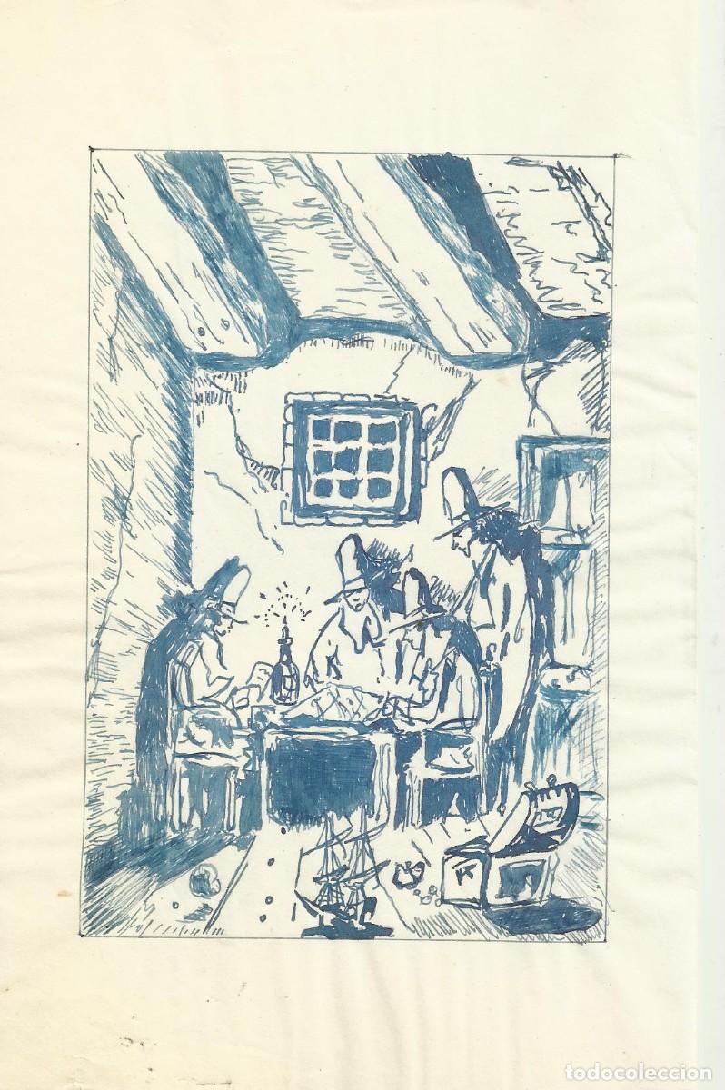 Arte: Hendrik Van Loon. Dibujo tinta sobre papel. Sin firmar 21,5x14 cm. &rdquo;Personajes con cofre, velero&rdquo;.