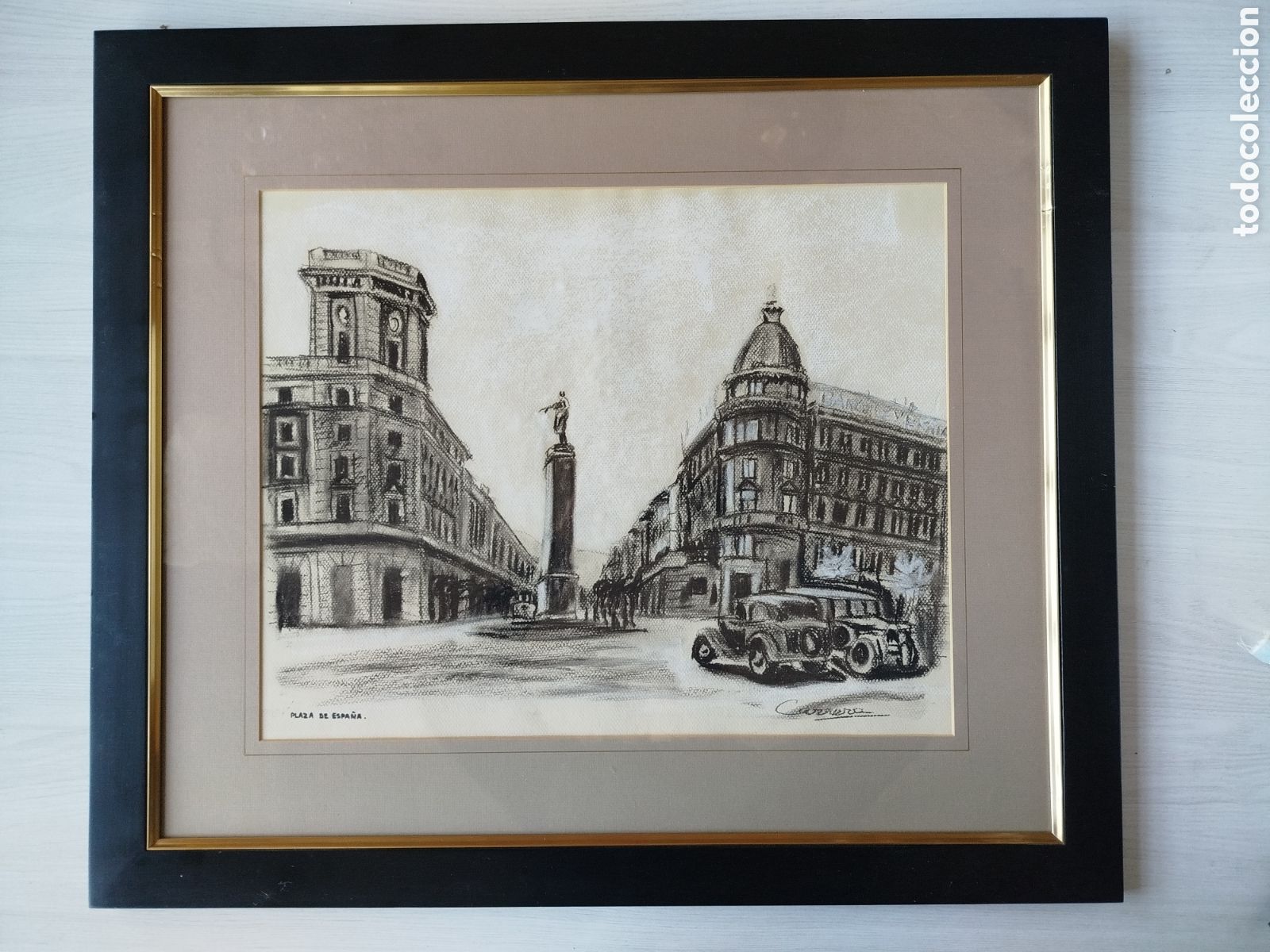 Arte: PLAZA DE ESPA&Ntilde;A, BILBAO. CARBONCILLO Y TIZA SOBRE PAPEL. FIRMADO CARRERA.