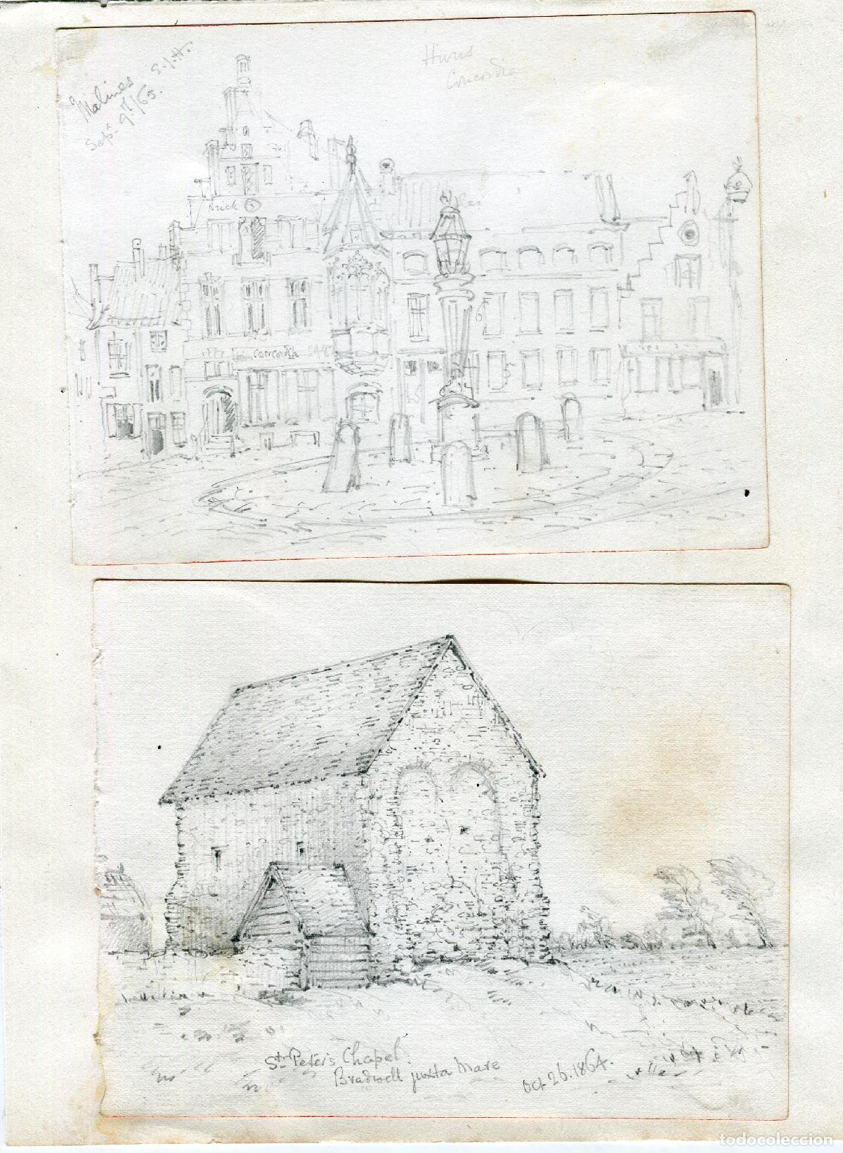 Arte: Malinas y capilla de St Peter, Bradwell - dos dibujos a l&aacute;piz - 1864-65