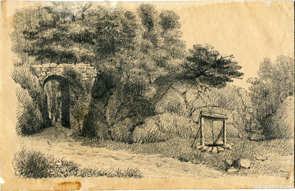 Arte: Arco en ruinas y pozo en un jard&iacute;n frondoso - dibujo original a l&aacute;piz - s. XIX