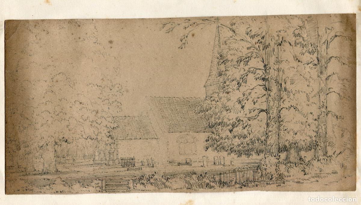 Arte: Iglesia rural con cementerio entre &aacute;rboles - dibujo original a l&aacute;piz - s. XIX