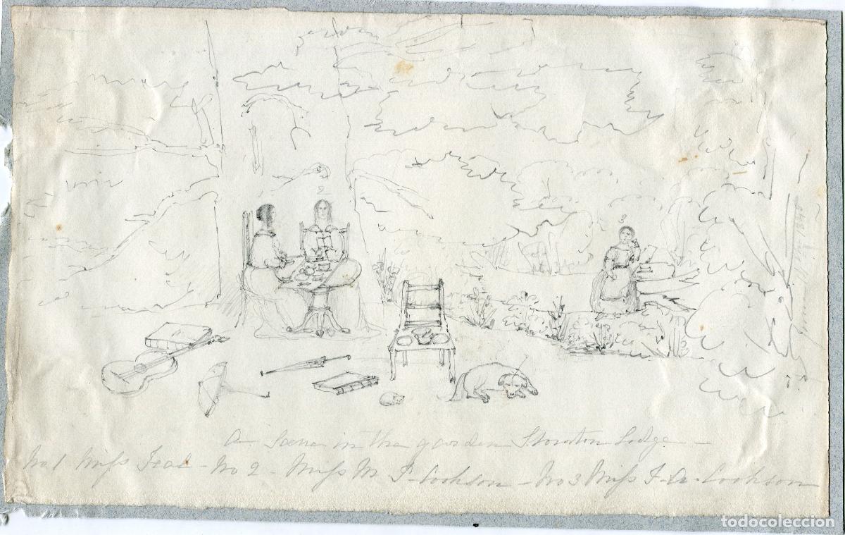 Arte: Escena en el jard&iacute;n con tres damas - dibujo original a l&aacute;piz - h. 1850