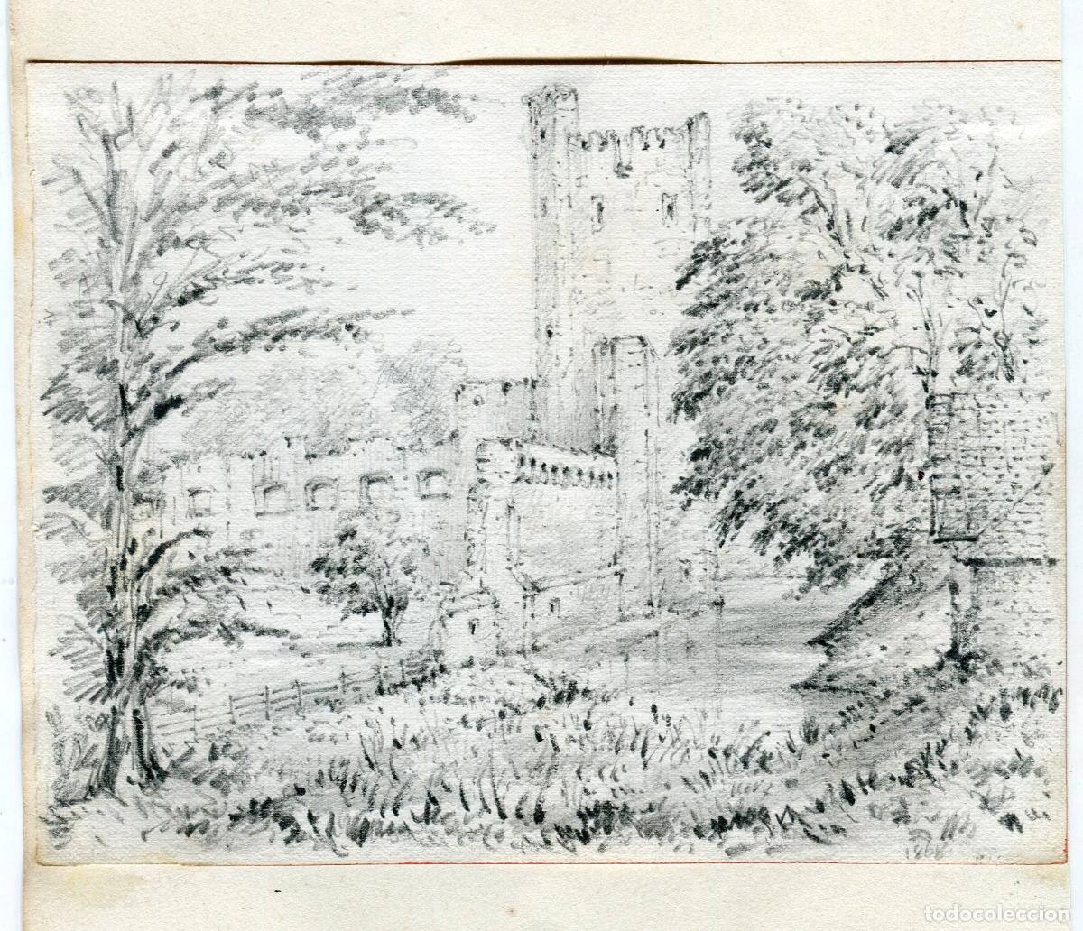 Arte: Castillo en ruinas junto al foso - dibujo original a l&aacute;piz - 1868
