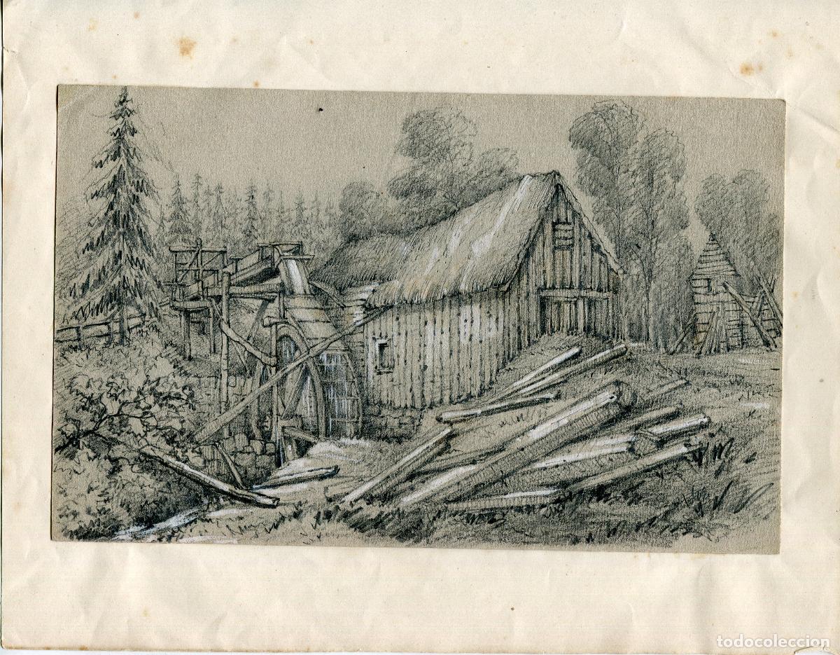 Arte: Molino de agua en el bosque - dibujo a l&aacute;piz con realces de blanco - s. XIX
