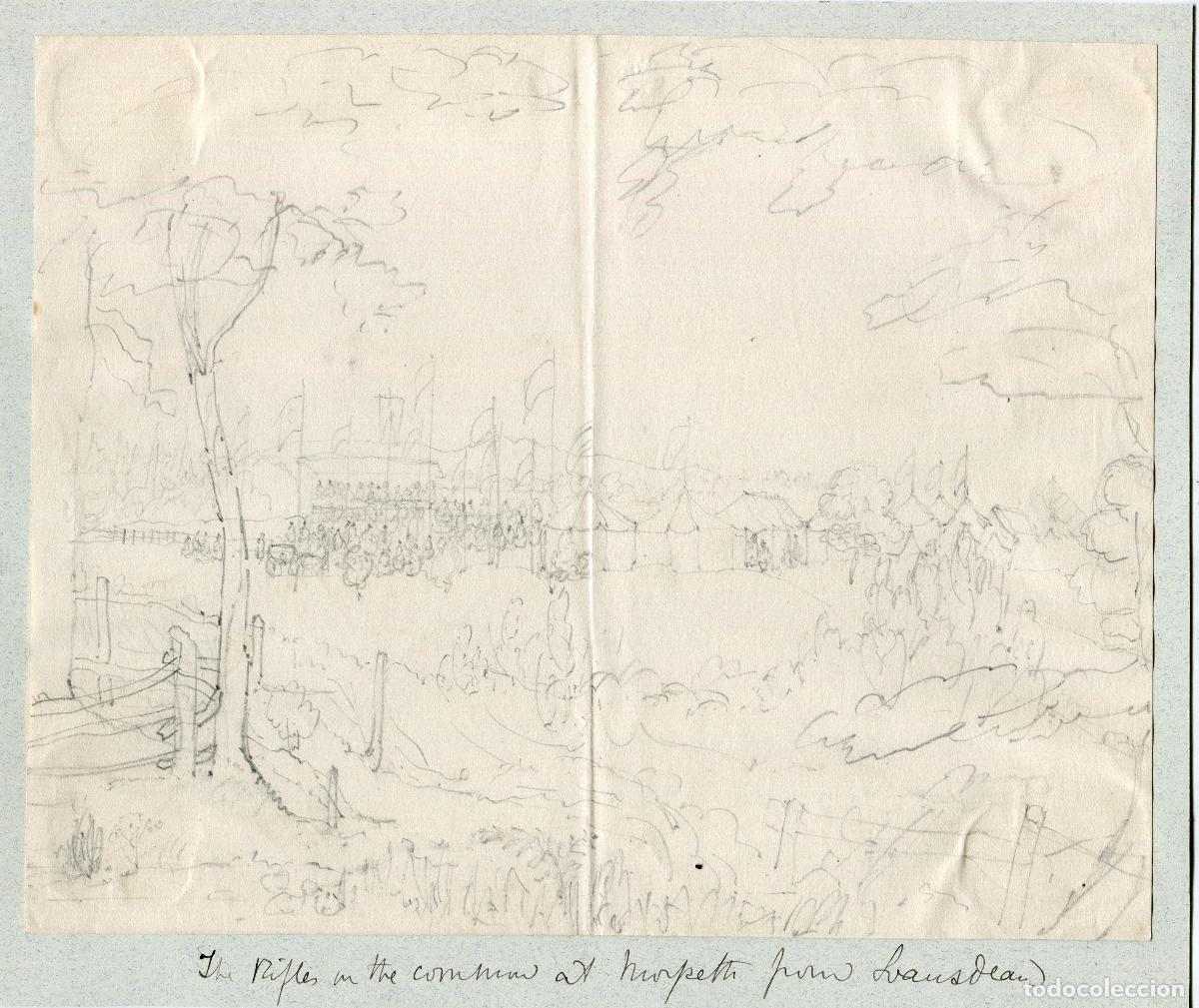 Arte: Voluntarios de fusileros en el ejido de Morpeth - dibujo a l&aacute;piz - h. 1860