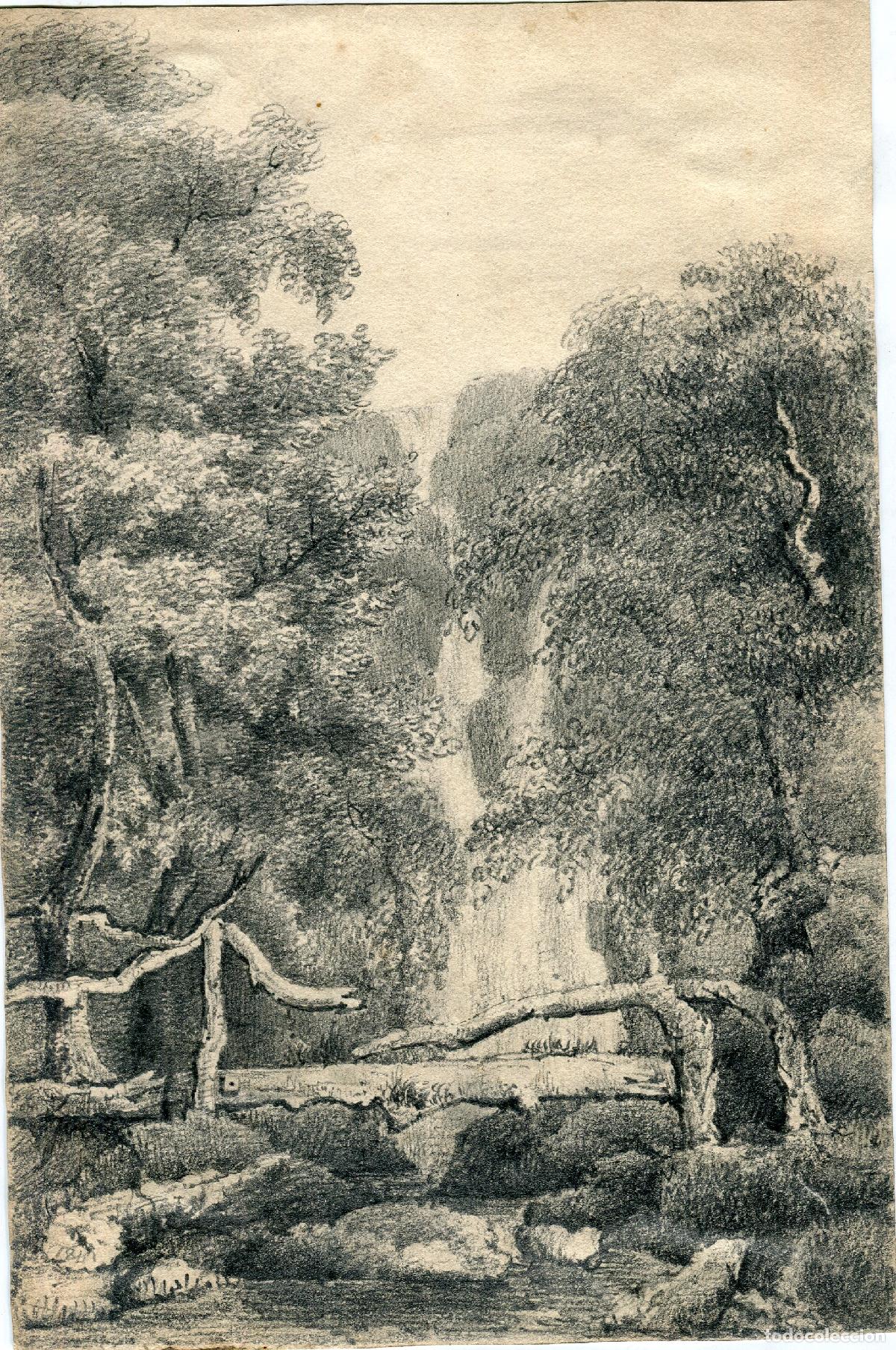 Arte: Cascada en un bosque con puente de troncos - dibujo original a l&aacute;piz - s. XIX
