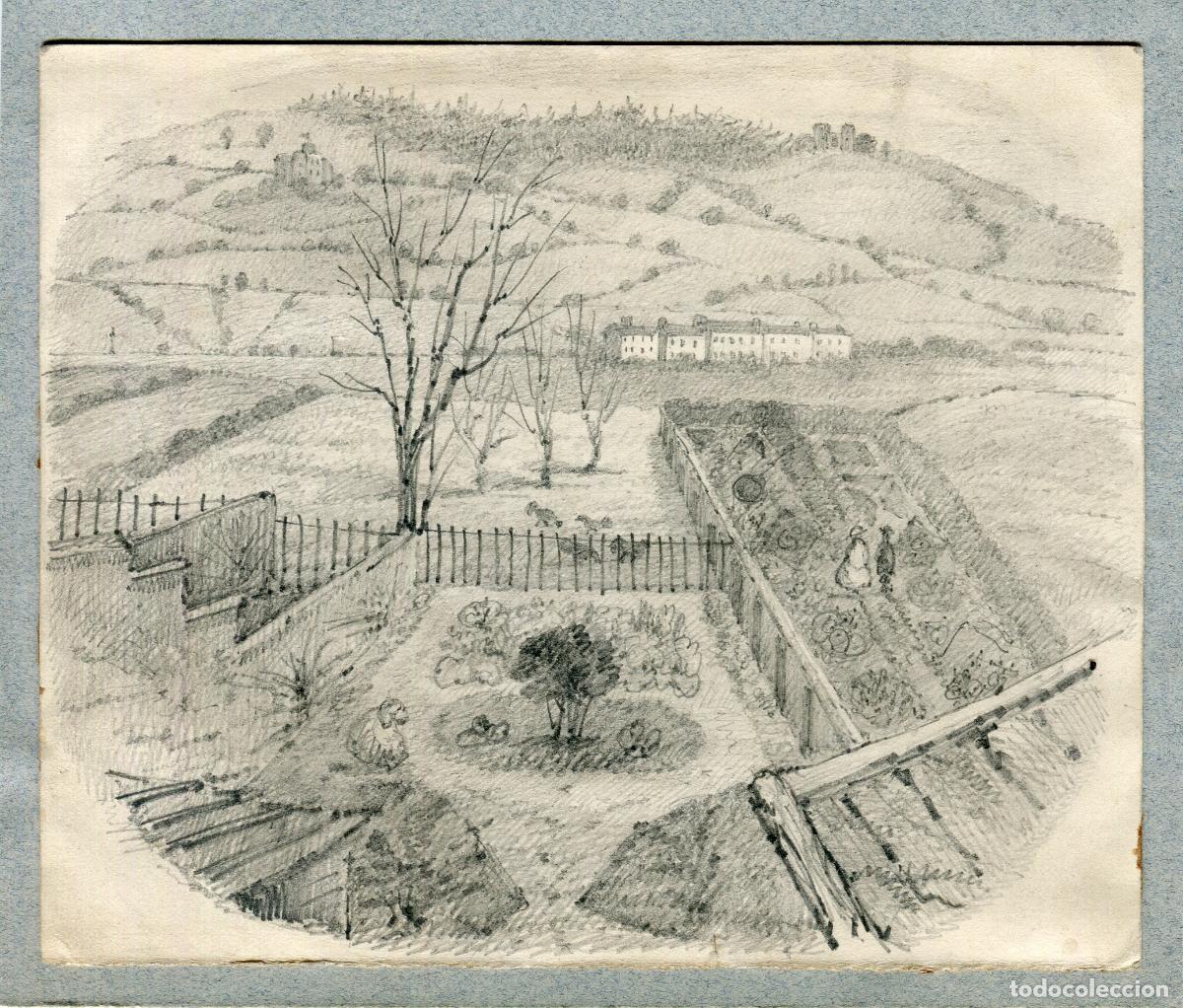 Arte: Huerta de una casa de campo con colinas - dibujo original a l&aacute;piz - s. XIX