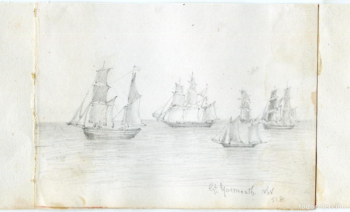 Arte: Veleros frente a Great Yarmouth - dibujo original a l&aacute;piz - 1868