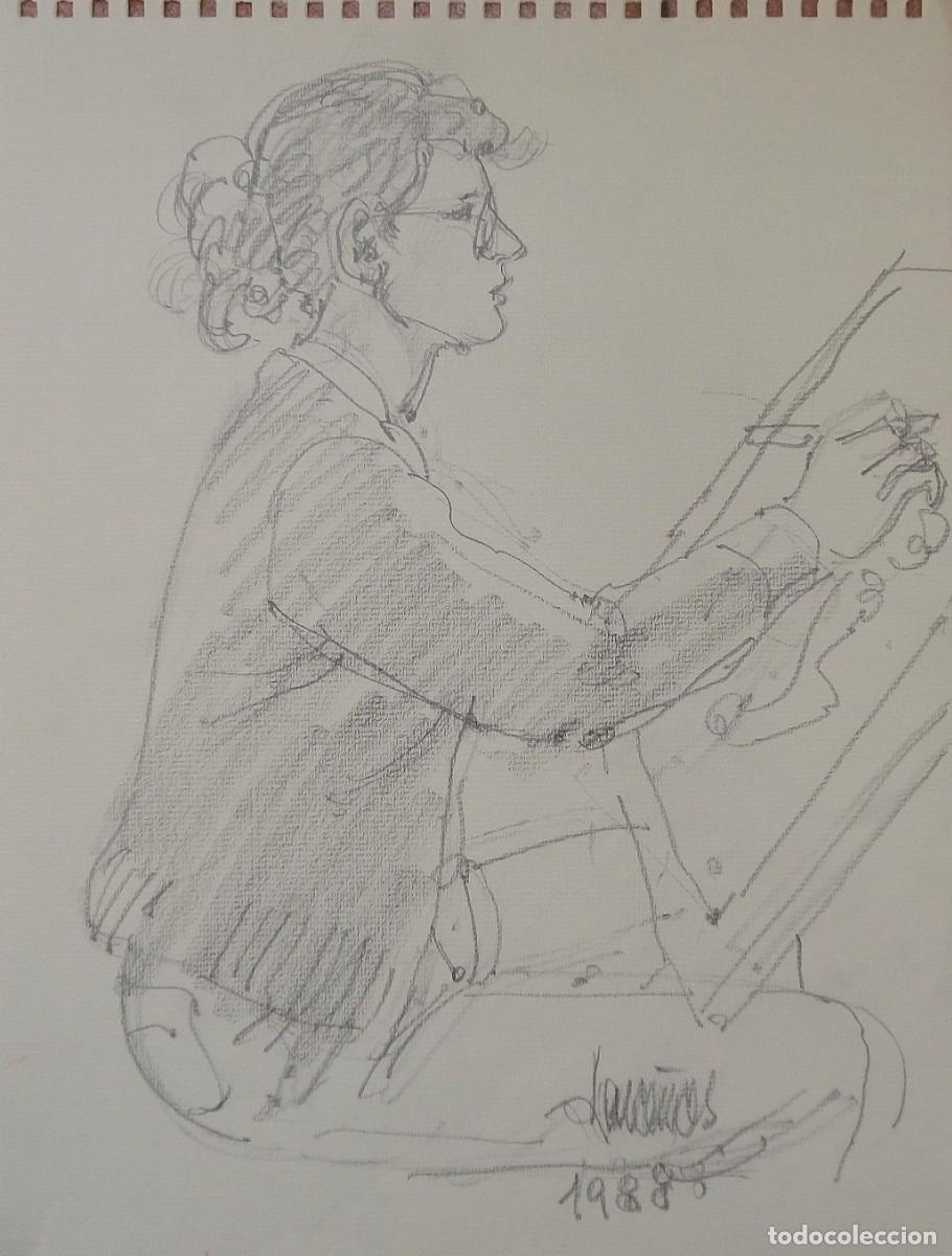 Arte: Carlos Enrique Lencinas G&oacute;mez. Dibujo sobre papel. &rdquo;Tomando apuntes&rdquo;. Firmado a mano. 1988.