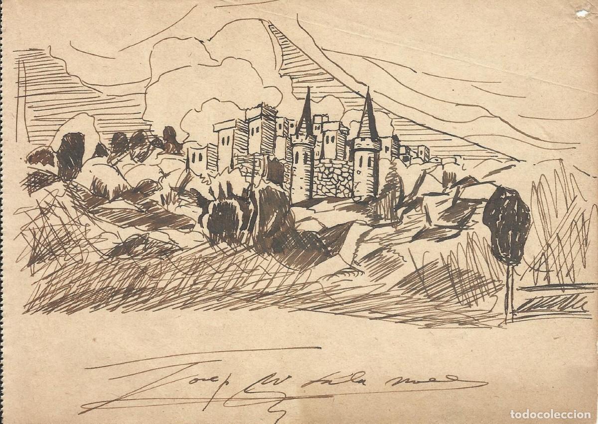 Arte: Josep Maria Sala. Dibujo tinta sobre papel. El castillo. Firmado a mano. 1930 aprox. 13,5x19 cm.