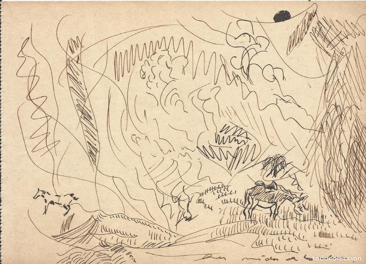 Arte: Josep Maria Sala. Dibujo tinta sobre papel. Paisaje y animales. Sin firmar. 1930 aprox. 13,5x19 cm.