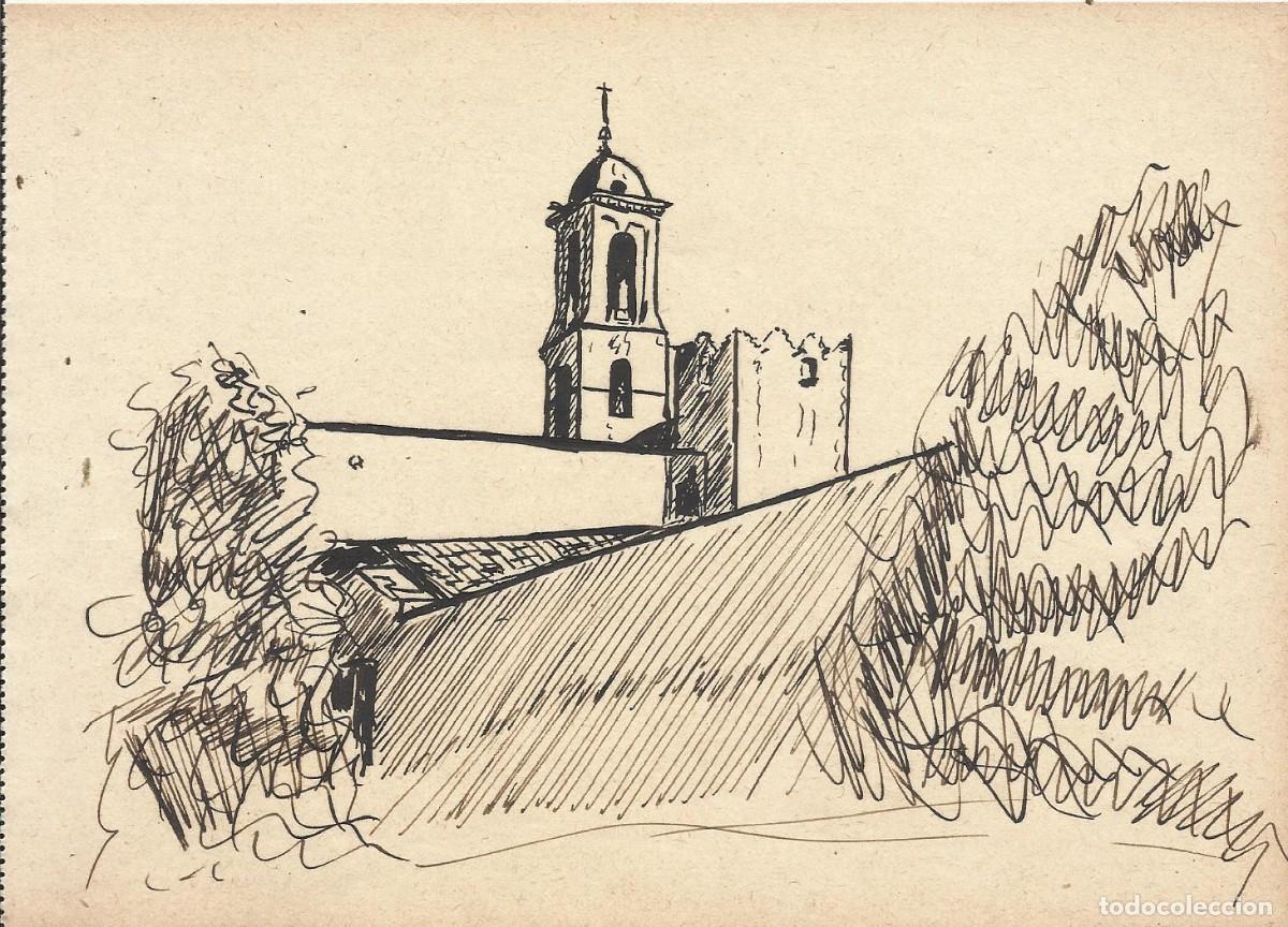 Arte: Josep Maria Sala. Dibujo tinta sobre papel. Iglesia y campanar. Sin firmar. 1930 aprox. 13,5x19 cm.