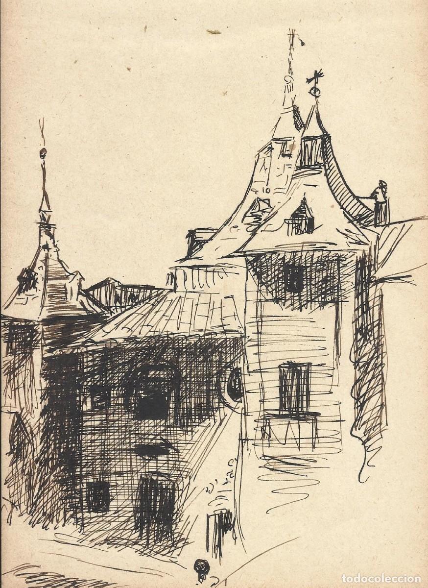 Arte: Josep Maria Sala. Dibujo tinta sobre papel. Casas y buhardilla. Sin firmar. 1930 aprox. 13,5x19 cm.