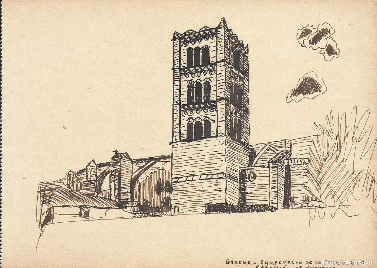 Arte: Josep Maria Sala. Dibujo tinta sobre papel. Campanario de la parroquia de Castell&oacute; de Empuries.