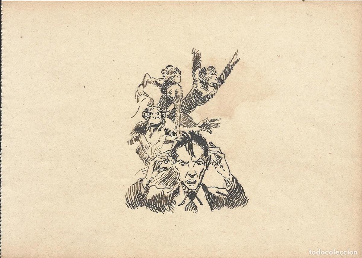 Arte: Josep Maria Sala. Dibujo tinta sobre papel. Personaje y tres monos. 1930 aprox. Sin firmar.
