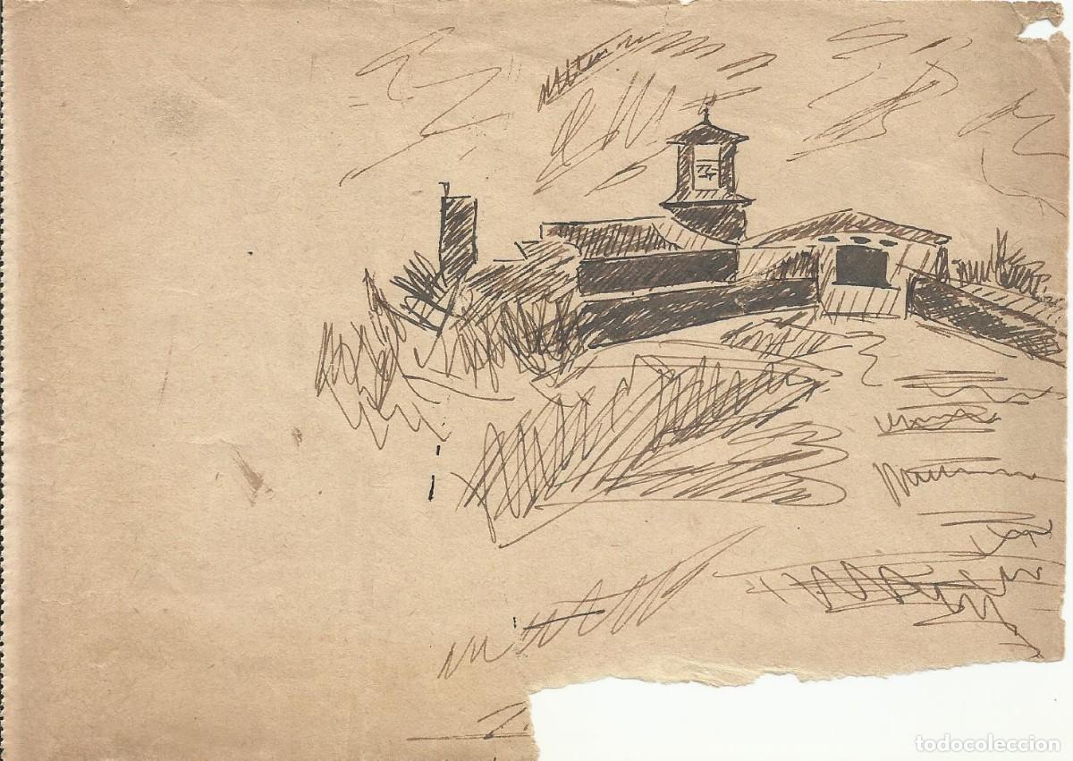 Arte: Josep Maria Sala. Dibujo tinta sobre papel. Pueblo con iglesia. 1930 aprox. Sin firmar.