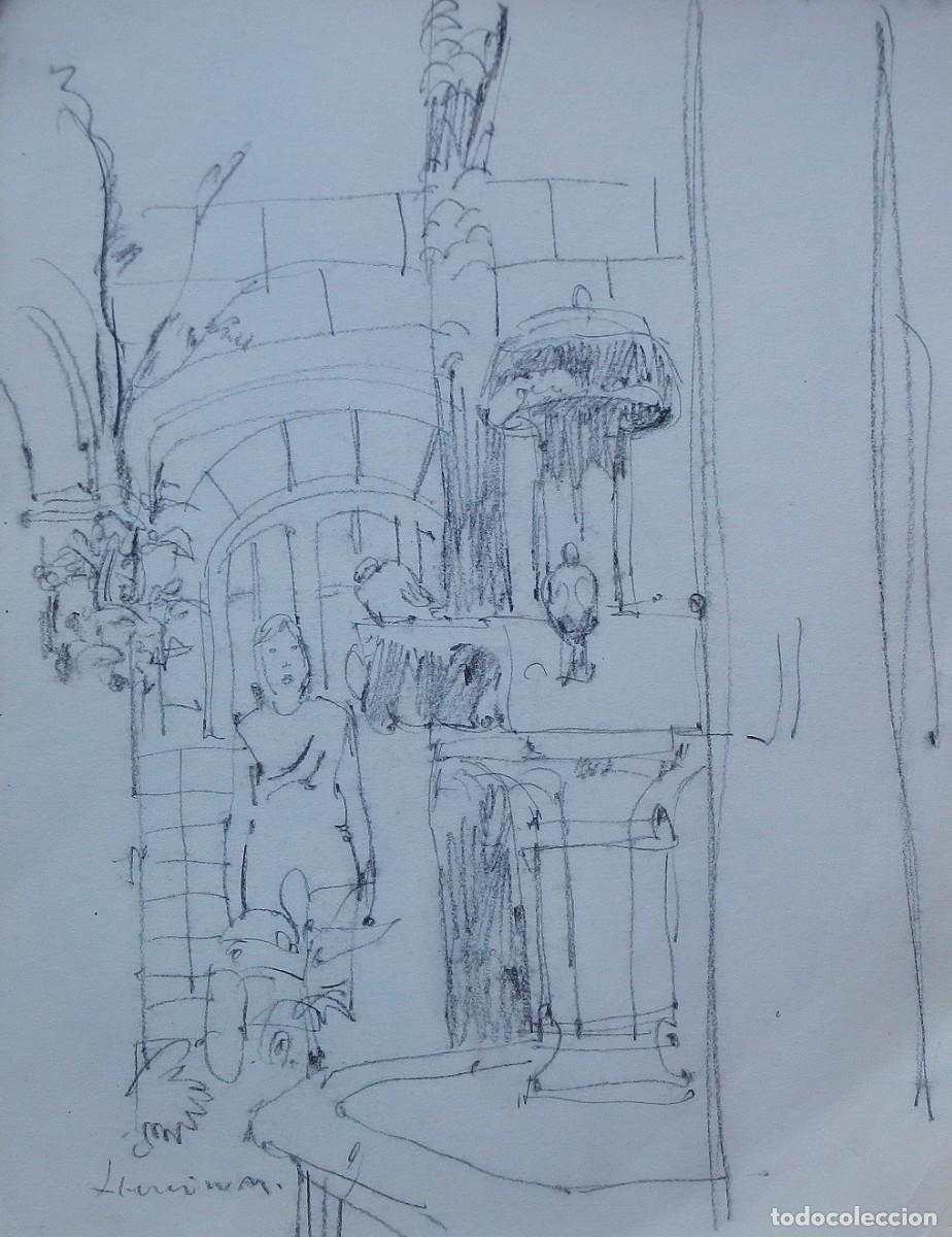 Arte: Carlos Enrique Lencinas G&oacute;mez. L&aacute;piz sobre papel. &rdquo;Casa, patio y mujer&rdquo;. Apunte. Firmado a mano.