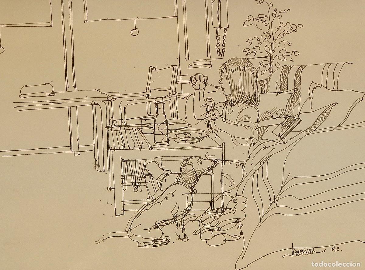 Arte: Carlos Enrique Lencinas G&oacute;mez. Tinta sobre papel. &rdquo;Ni&ntilde;a, perro y comedor&rdquo;. Firmado a mano. 1992.
