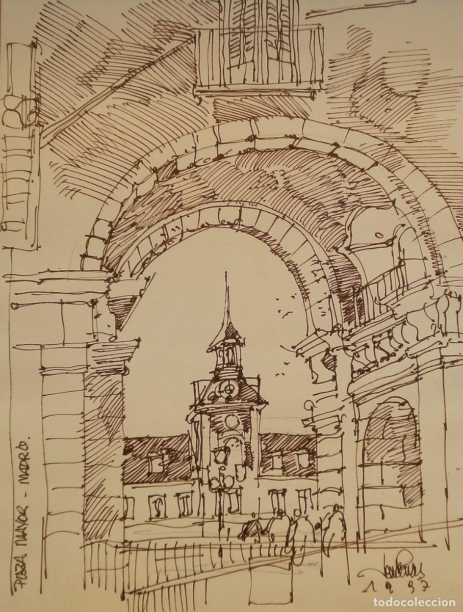 Arte: Carlos Enrique Lencinas G&oacute;mez. Tinta sobre papel. &rdquo;Plaza Mayor. 1997. Madrid&rdquo;. Firmado a mano.