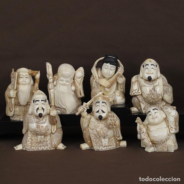 Arte: Juego 7 Dioses de la felicidad 19cm alto de hueso tallado con peana de madera - Foto 1 - 263635100