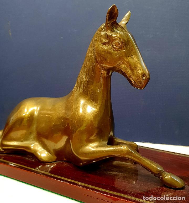 Arte: Caballo sentado de bronce sobre base de madera. - Foto 2