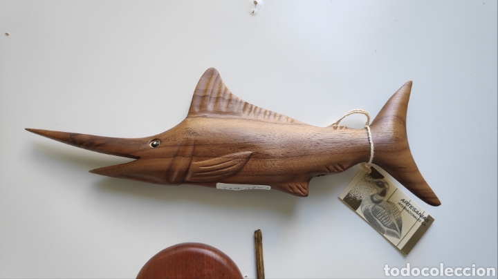 Arte: Pez vela Marlin Espada tallado en madera con base - Foto 7