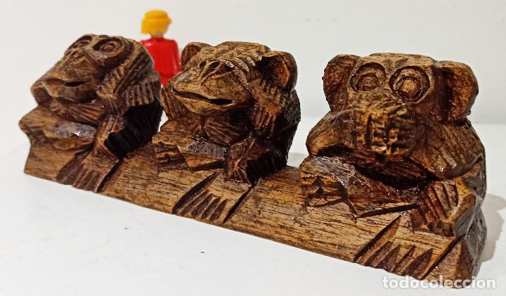 Arte: los 3 monos sabios ver oir y callar talla una pieza madera xx - Foto 2 - 303453398