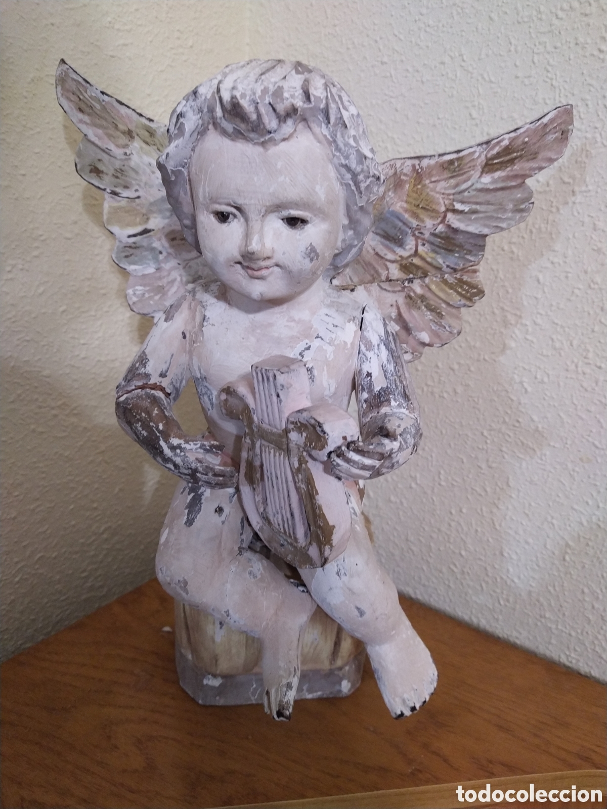 Arte: Querubin, &Aacute;ngel con arpa madera - Foto 1