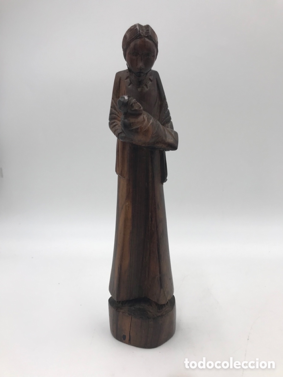 Arte: Antigua Figura talla de madera mujer con ni&ntilde;o.