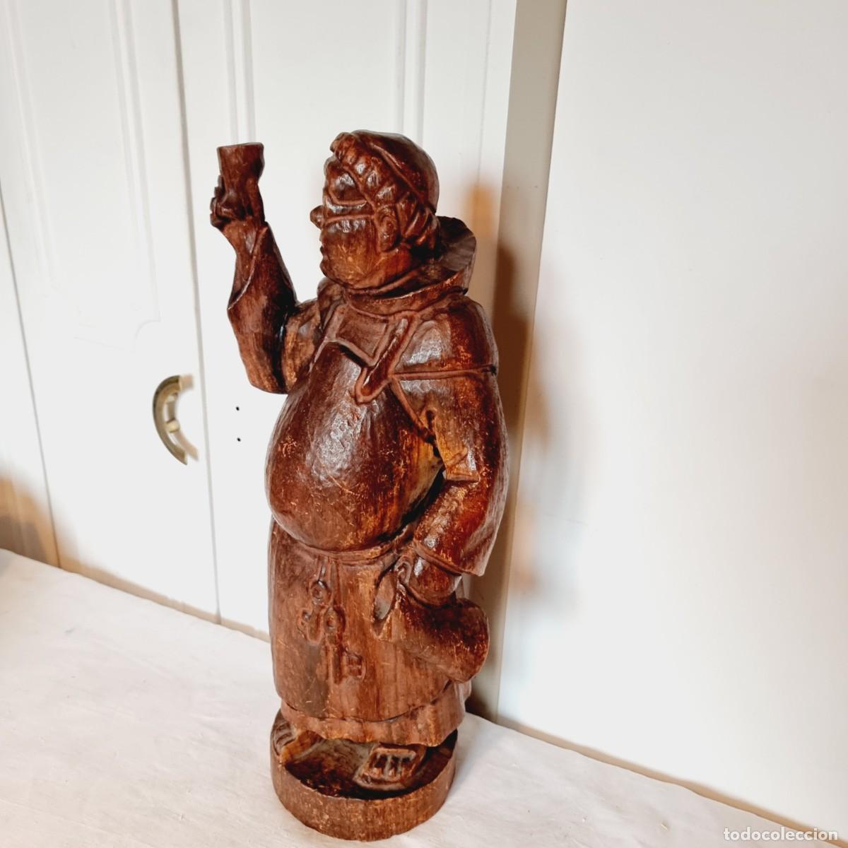 Arte: Escultura Vintage Fraile Monje en Madera Tallada Talla R&uacute;stica Bodeguero Cerveza Vino, Decoraci&oacute;n Bo