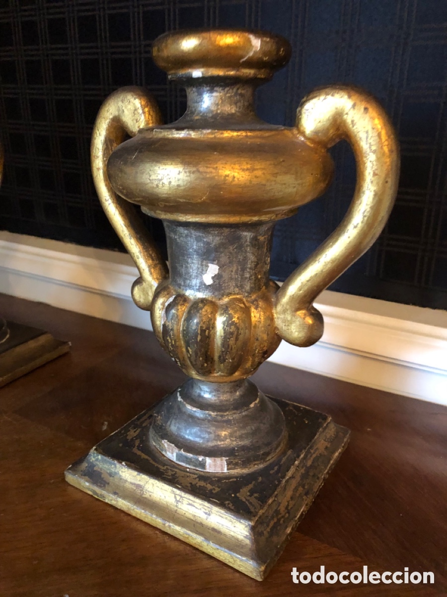 Arte: 2 candelabros copa de madera policromada - Foto 2