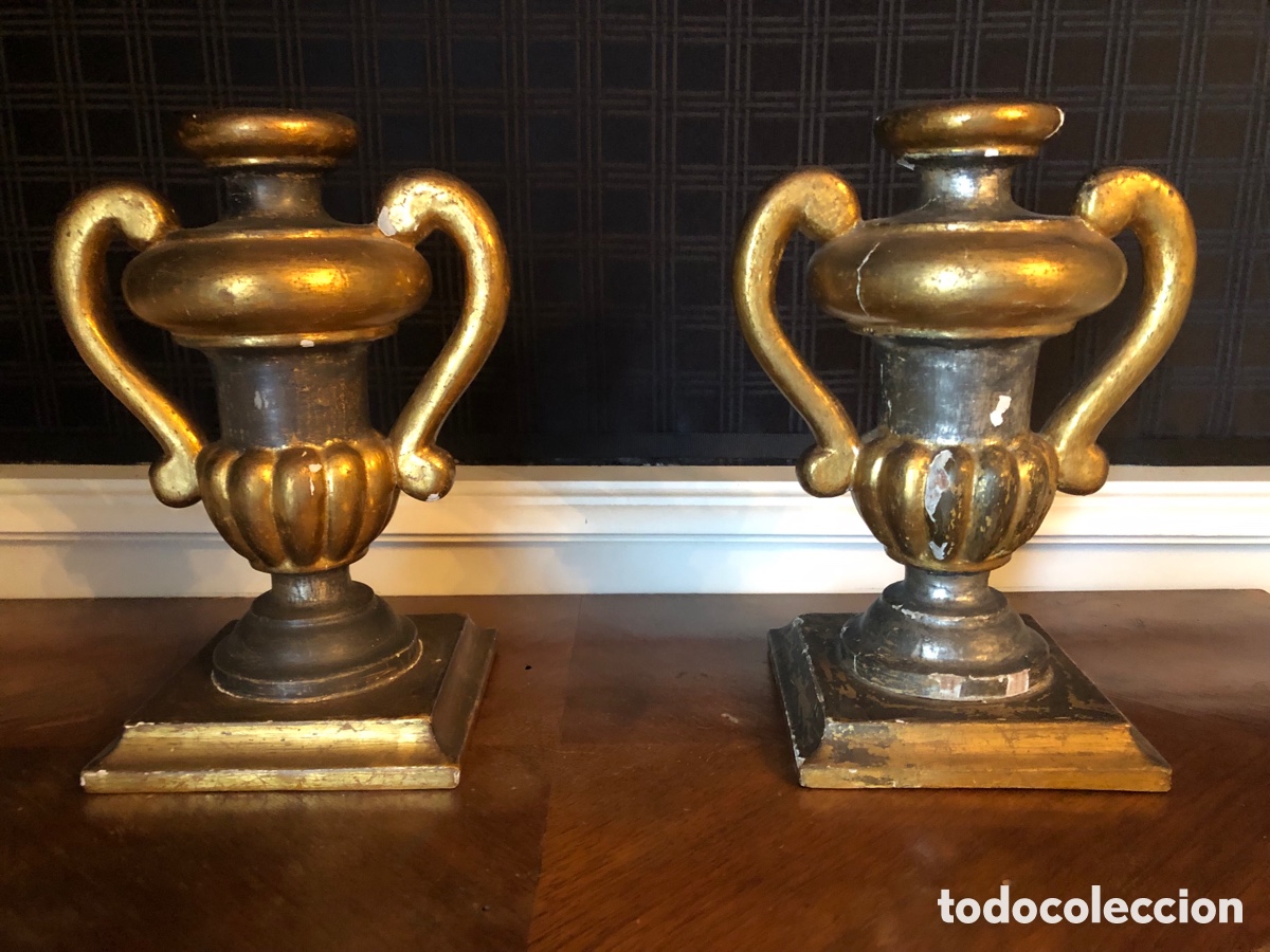 Arte: 2 candelabros copa de madera policromada - Foto 1