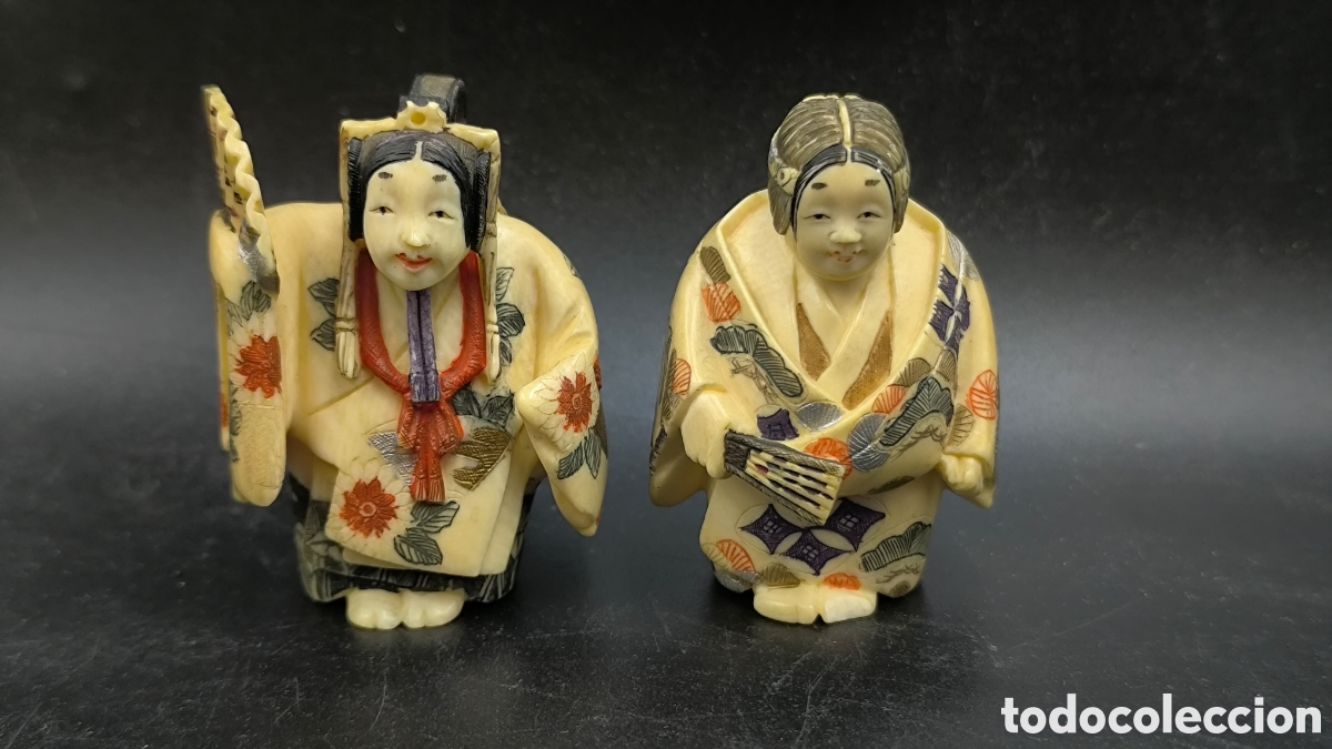 Arte: Pareja Netsuke japoneses antiguos firmados &ndash; hueso policromado &ndash; Jap&oacute;n Meiji c.1900