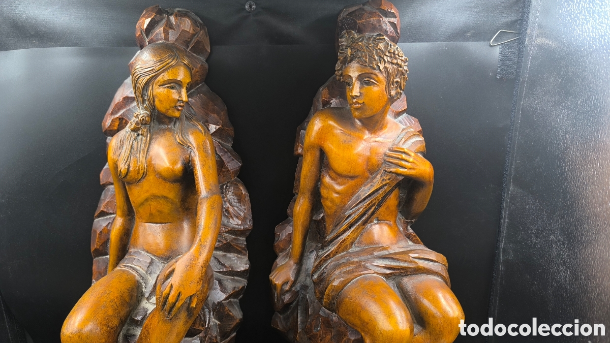 Arte: Gran pareja escult&oacute;rica Ad&aacute;n y Eva en madera tallada &ndash; 53 cm &ndash; arte decorativo cl&aacute;sico