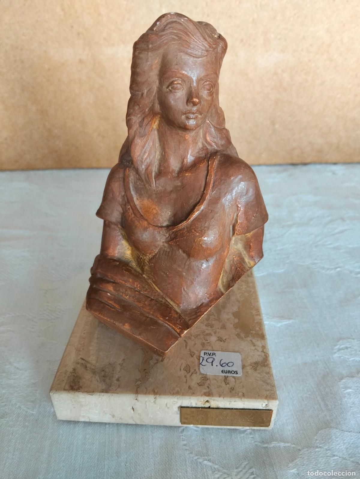 Art: Figura escultura vintage firmada A Anglada base de m&aacute;rmol terracota o s&iacute;mil busto mujer a&ntilde;os 80